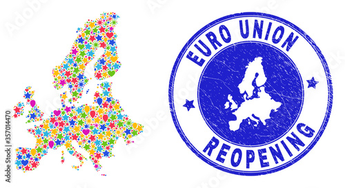 Celebrating Euro Union map collage and reopening corroded stamp. Vector collage Euro Union map is done with scattered stars, hearts, balloons.