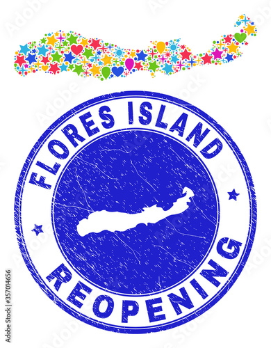 Celebrating Flores Island of Indonesia map mosaic and reopening grunge stamp. Vector mosaic Flores Island of Indonesia map is organized with scattered stars, hearts, balloons.