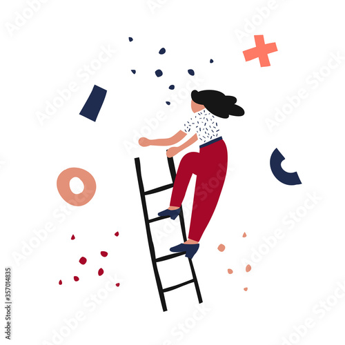 Vector flat illustration of a girl climbing up the stairs. Colored peach background. The girl wants to do something on the stairs. The illustration symbolizes the upward movement