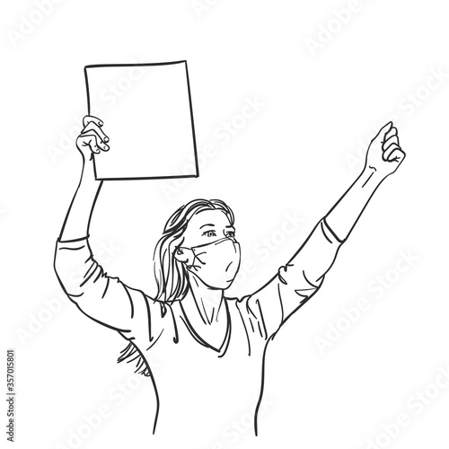 Protest. Woman in medical face mask showing blank sign board and fist. Human rights at coronavirus pandemic time. Vector sketch, Hand drawn linear illustration