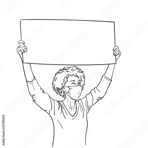 Protest. African american woman in medical face mask showing empty sign board. Vector sketch, Hand drawn linear illustration