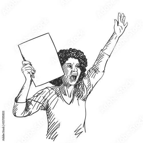 Protest. African american woman with empty sign board is screaming during protest. Vector sketch, Hand drawn illustration