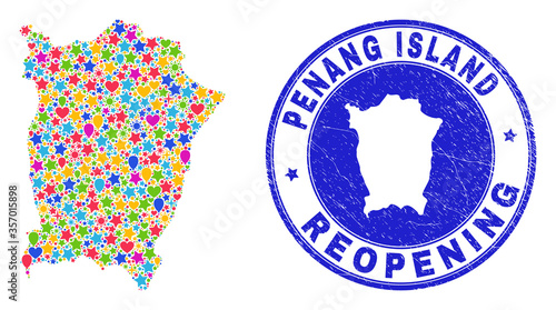 Celebrating Penang Island map mosaic and reopening scratched stamp seal. Vector mosaic Penang Island map is organized of randomized stars, hearts, balloons.