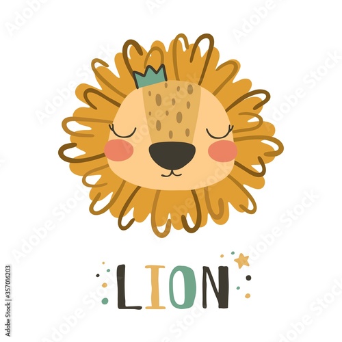 Cute lion. Use this clipart to create baby shower invites, nursery art, birthday decor, greeting cards, children's clothing. Vector illustration.