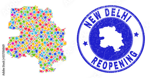 Celebrating New Delhi City map mosaic and reopening textured seal. Vector mosaic New Delhi City map is created of randomized stars, hearts, balloons.