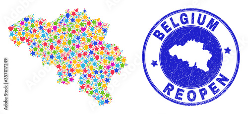 Celebrating Belgium map mosaic and reopening unclean stamp. Vector mosaic Belgium map is organized of scattered stars, hearts, balloons. Rounded awry blue stamp imprint with distress rubber texture.