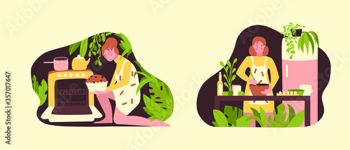 Vector illustration with cooking and baking girls in the kitchen. Modern cartoon scandinavian style. Colorful illustration set. For book pages, web sites, landings, banner.