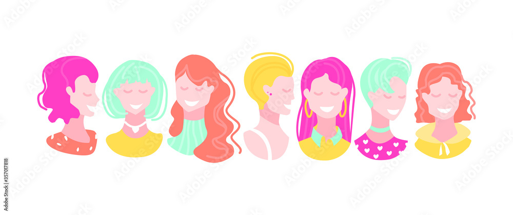 Vector cartoon illustration with different hairstyles. Young girls set isolated on white background. Cartoon colorful style. Illustration for books, hairdresser advertising, web pages, banners.