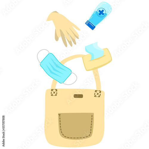 flat design illustration cloth bag with alcohol gel, hand sanitizer, gloves, face mask Concept of daily life in pandemic with necessary item