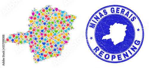 Celebrating Minas Gerais State map collage and reopening unclean stamp. Vector mosaic Minas Gerais State map is designed with random stars, hearts, balloons.