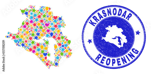 Celebrating Krasnodarskiy Kray map collage and reopening textured watermark. Vector collage Krasnodarskiy Kray map is designed of random stars, hearts, balloons.