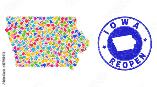Celebrating Iowa State map collage and reopening corroded watermark. Vector collage Iowa State map is organized with scattered stars, hearts, balloons.