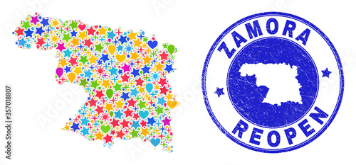 Celebrating Zamora Province map mosaic and reopening scratched seal. Vector mosaic Zamora Province map is constructed with random stars, hearts, balloons.