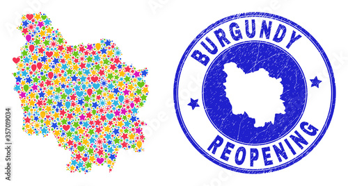 Celebrating Burgundy Province map mosaic and reopening rubber stamp seal. Vector collage Burgundy Province map is formed with scattered stars, hearts, balloons.