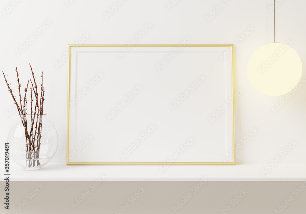 Interior poster golden photo frame mockup on the shelf with small plant in pot and desk lamp on empty white wall background. . 3D rendering, illustration.
Interior poster golden photo frame mockup on the shelf with small plant in pot and desk lamp on empty white wall background. . 3D rendering, illustration.