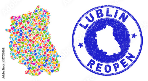 Celebrating Lublin Voivodeship map collage and reopening grunge stamp seal. Vector mosaic Lublin Voivodeship map is done of scattered stars, hearts, balloons.