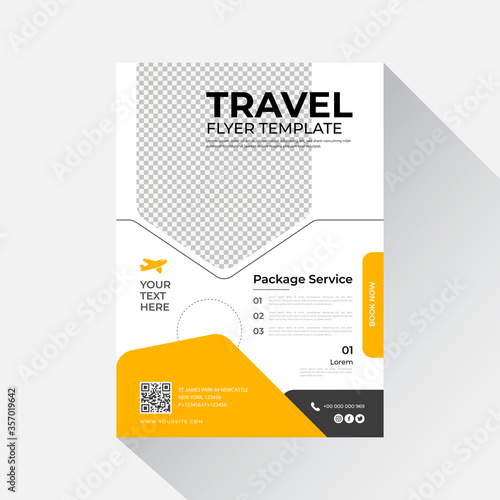 Travel flyer template design with contact and venue details