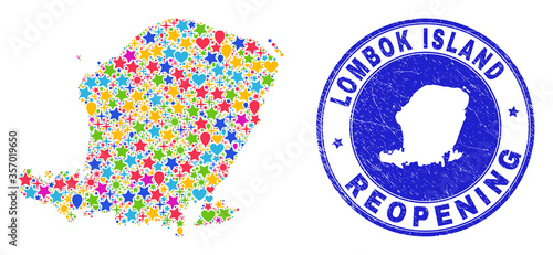Celebrating Lombok Island map mosaic and reopening scratched stamp seal. Vector mosaic Lombok Island map is done with random stars, hearts, balloons.