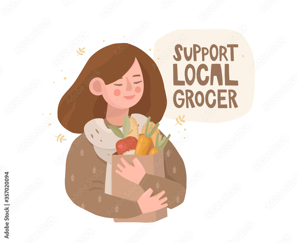 Girl with a paper bag filled with groceries. Fresh vegetables and pastries. Handwritten lettering on an abstract background, speech bubble. Inscription support the local grocers. Vector illustration. Girl with a paper bag filled with groceries. Fresh vegetables and pastries. Handwritten lettering on an abstract background, speech bubble. Inscription support the local grocers. Vector illustration.