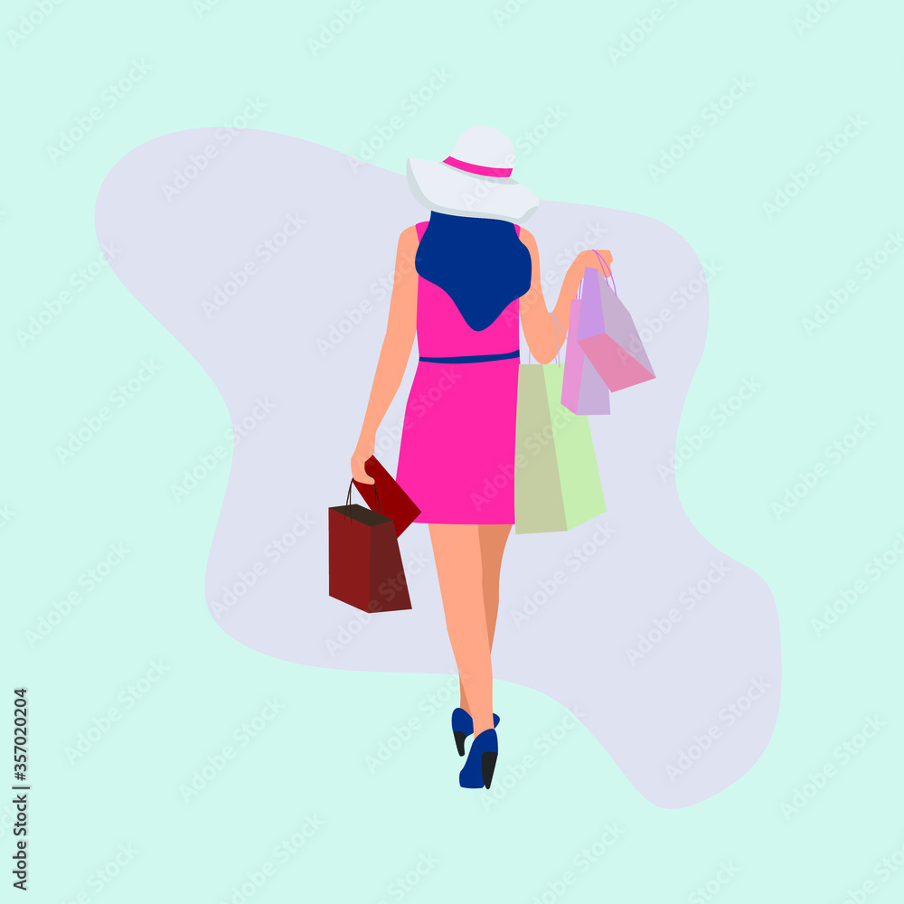 Girl goes shopping. Flat vector illustration. Girl goes shopping. Flat vector illustration.
