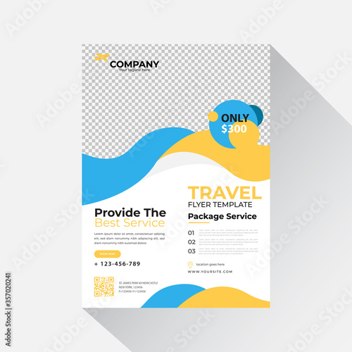 Travel flyer template design with contact and venue details photo