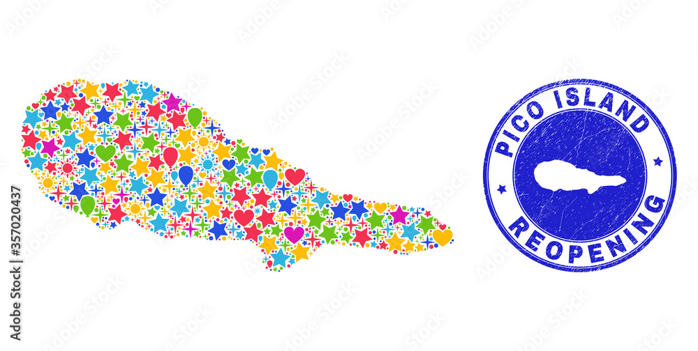 Celebrating Pico Island map mosaic and reopening scratched stamp seal. Vector mosaic Pico Island map is constructed with randomized stars, hearts, balloons. Celebrating Pico Island map mosaic and reopening scratched stamp seal. Vector mosaic Pico Island map is constructed with randomized stars, hearts, balloons.