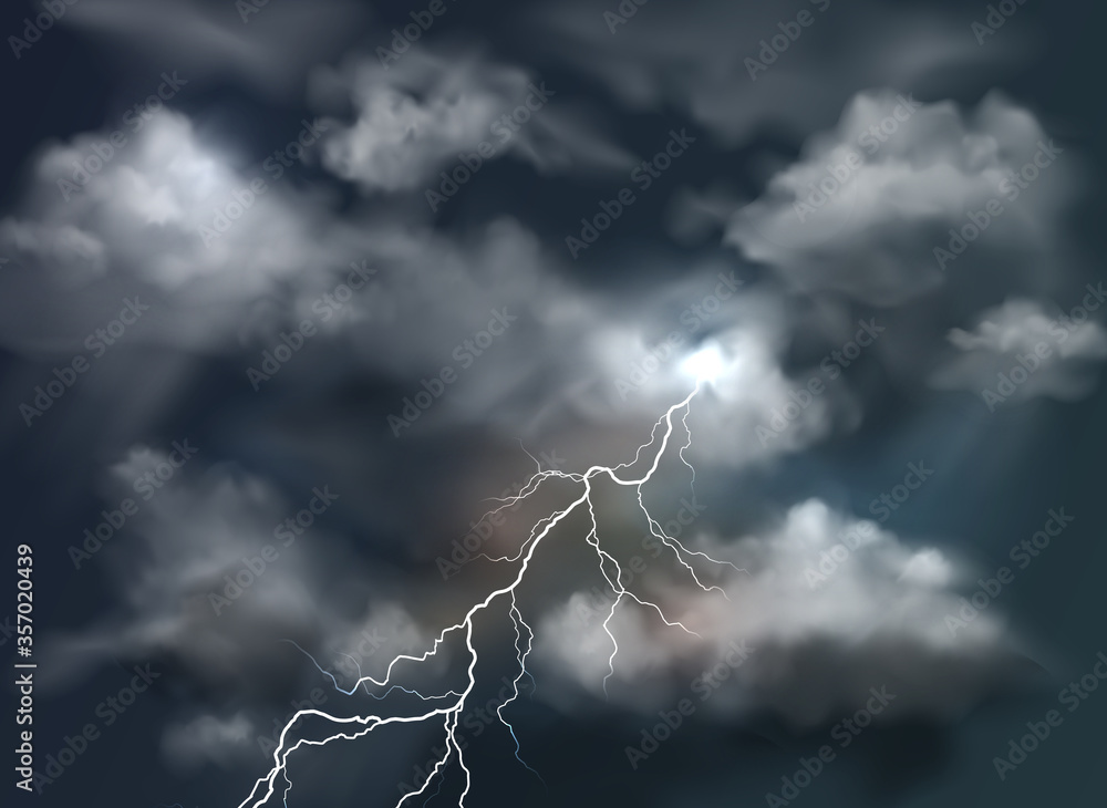 Vector realistic dark stormy sky with clouds and lightning bolt Stock