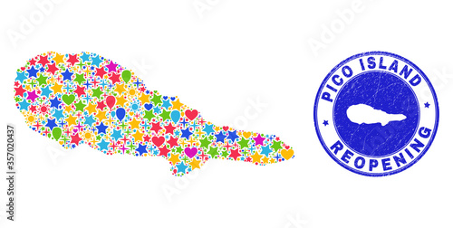 Celebrating Pico Island map mosaic and reopening scratched stamp seal. Vector mosaic Pico Island map is constructed with randomized stars, hearts, balloons.