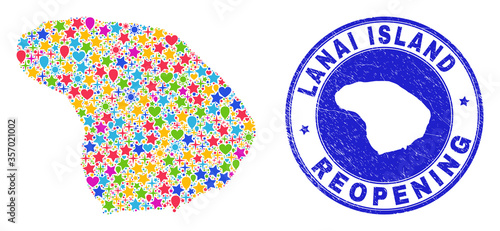 Celebrating Lanai Island map mosaic and reopening dirty watermark. Vector mosaic Lanai Island map is constructed with scattered stars, hearts, balloons.