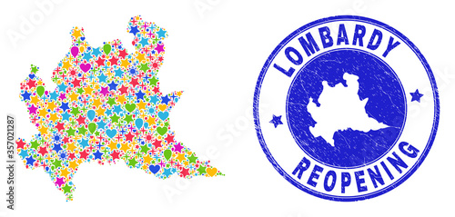 Celebrating Lombardy region map collage and reopening rubber stamp. Vector collage Lombardy region map is created from random stars, hearts, balloons.