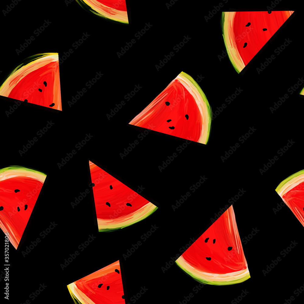Seamless watermelons pattern. background with gouache watermelon slices on black background. Fresh fruits seasonal background flat style Seamless watermelons pattern. background with gouache watermelon slices on black background. Fresh fruits seasonal background flat style