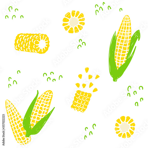 Maize seamless pattern. Corn set. Vector illustration of maize kernels and whole corn, seeds
