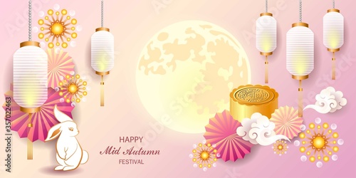Mid autumn festival / Chinese festival with the moon,  moon cake, rabbits ,blow, lantern, cloud and flowers on color paper. Vector illustration