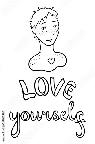 Portrait of boy with freckles on his face and shoulders. Love yourself lettering. Body positive.