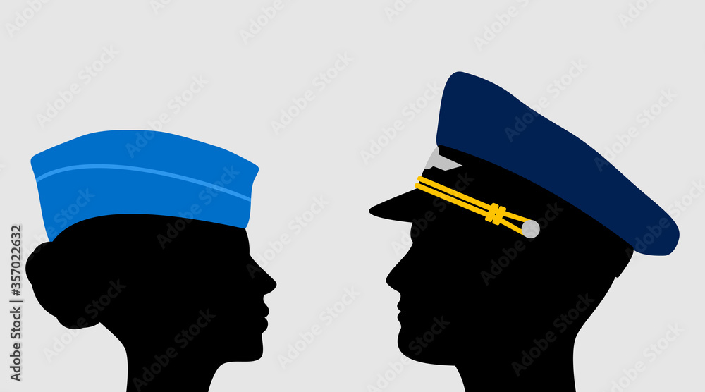 Pilot and stewardess in uniform caps - obrazy, fototapety, plakaty 