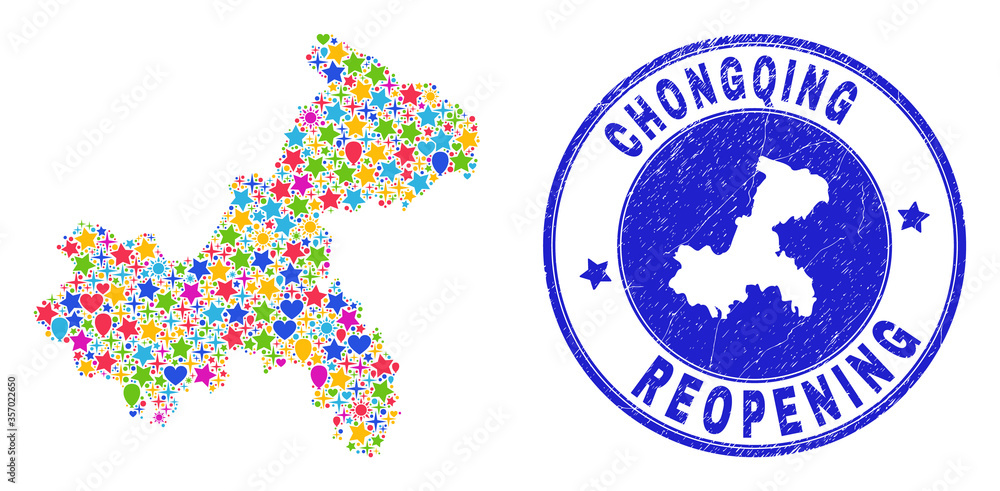 Celebrating Chongqing City map collage and reopening rubber stamp seal. Vector collage Chongqing City map is organized of randomized stars, hearts, balloons. Celebrating Chongqing City map collage and reopening rubber stamp seal. Vector collage Chongqing City map is organized of randomized stars, hearts, balloons.