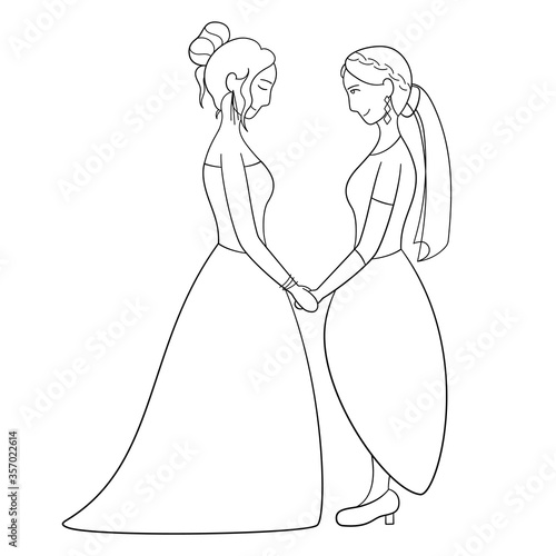 Outline style couple of lesbian brides holding hands at the wedding