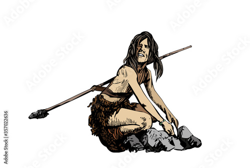 Caveman cro-magnon, the young man with a spear (Homo sapiens). 