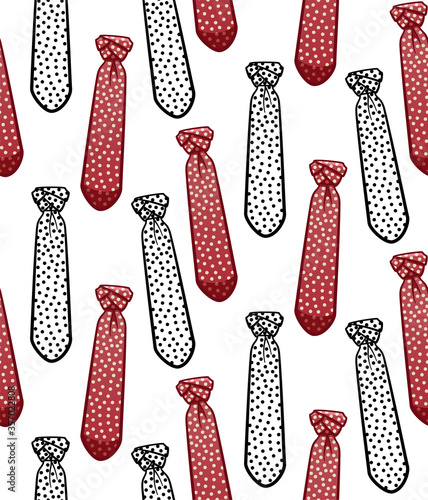 Red flat style and black outline style neckties with dots print seamless pattern on white background