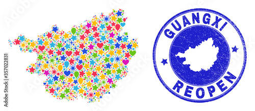 Celebrating Guangxi Province map mosaic and reopening grunge stamp seal. Vector mosaic Guangxi Province map is constructed with randomized stars, hearts, balloons.