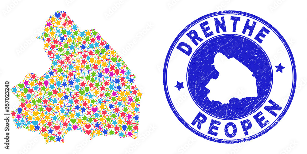 Celebrating Drenthe Province map collage and reopening grunge seal. Vector collage Drenthe Province map is formed of scattered stars, hearts, balloons. Celebrating Drenthe Province map collage and reopening grunge seal. Vector collage Drenthe Province map is formed of scattered stars, hearts, balloons.
