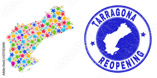 Celebrating Tarragona Province map mosaic and reopening rubber watermark. Vector mosaic Tarragona Province map is created of random stars, hearts, balloons.