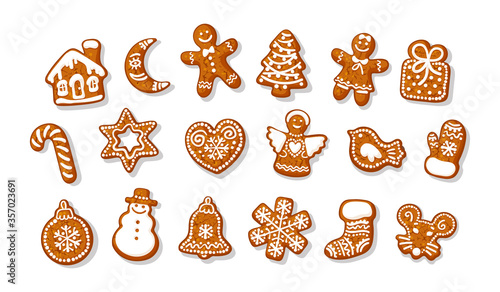 Big set of Christmas and New Year gingerbread cookies. Traditional homemade sugar coated cookies