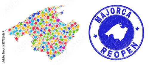 Celebrating Majorca map collage and reopening rubber seal. Vector collage Majorca map is formed from scattered stars, hearts, balloons. Rounded rough blue seal with unclean rubber texture.