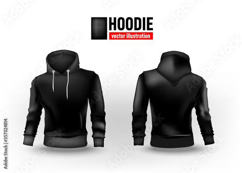 Vector illustration black hoodie sweater. Mens training sweatshirt high neck long sleeve vector template.   
