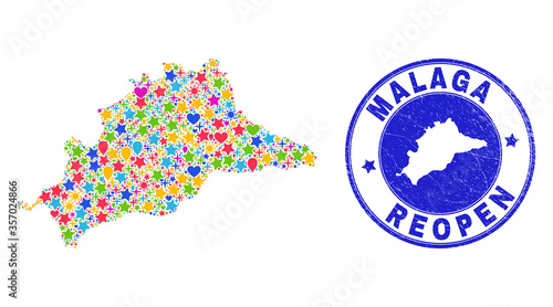 Celebrating Malaga Province map collage and reopening unclean seal. Vector collage Malaga Province map is created from randomized stars, hearts, balloons.