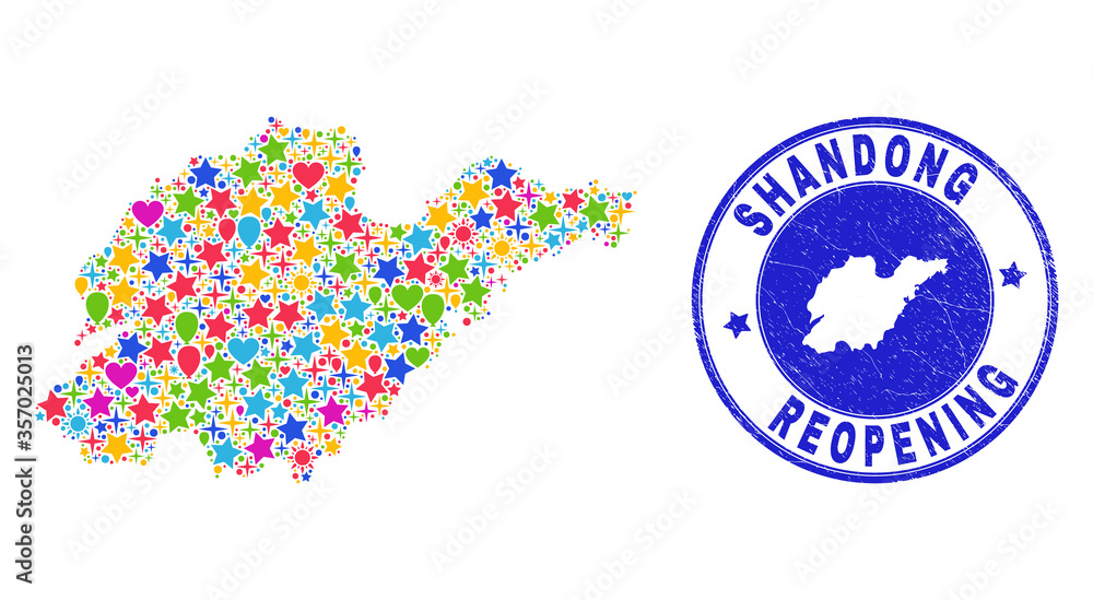 Celebrating Shandong Province map mosaic and reopening dirty stamp seal. Vector mosaic Shandong Province map is organized with randomized stars, hearts, balloons. Celebrating Shandong Province map mosaic and reopening dirty stamp seal. Vector mosaic Shandong Province map is organized with randomized stars, hearts, balloons.