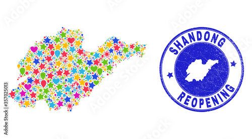Celebrating Shandong Province map mosaic and reopening dirty stamp seal. Vector mosaic Shandong Province map is organized with randomized stars, hearts, balloons.