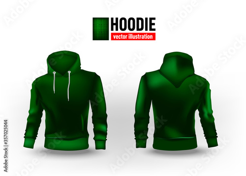 Vector illustration dark green hoodie sweater. Mens training sweatshirt high neck long sleeve vector template.   
