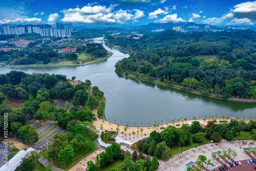 Aerial View Of Putrajaya City Centre with Lake at sunset in Putrajaya  Malaysia.